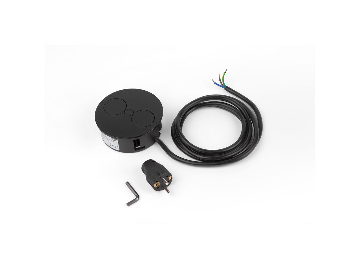 BACHMANN TWIST 1x Schutzkontakt, Aderendhülsen, USB-Charger, Schutzkontaktmontagestecker, schwarz, 2 m