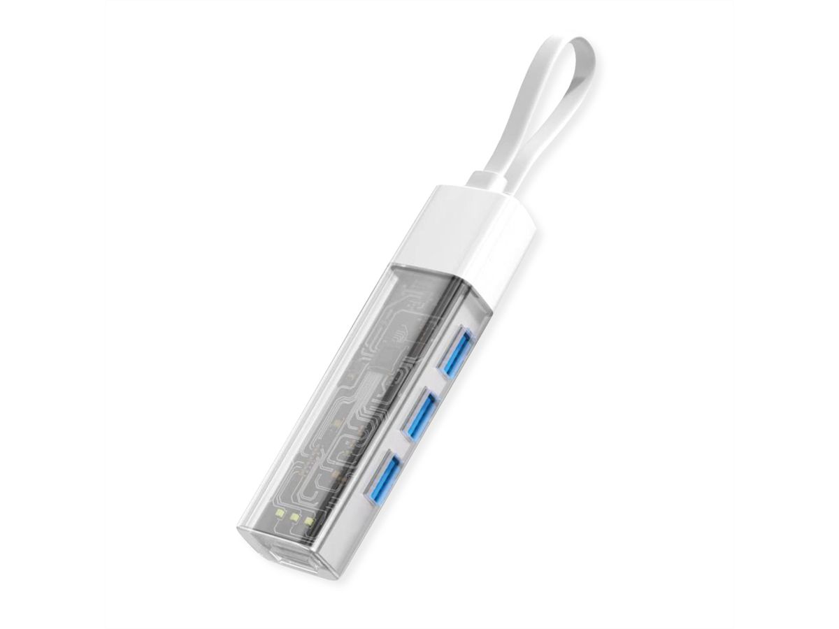 ROLINE Mobiler USB 3.2 Gen 1 Hub, 4fach, Typ A+C Anschlusskabel