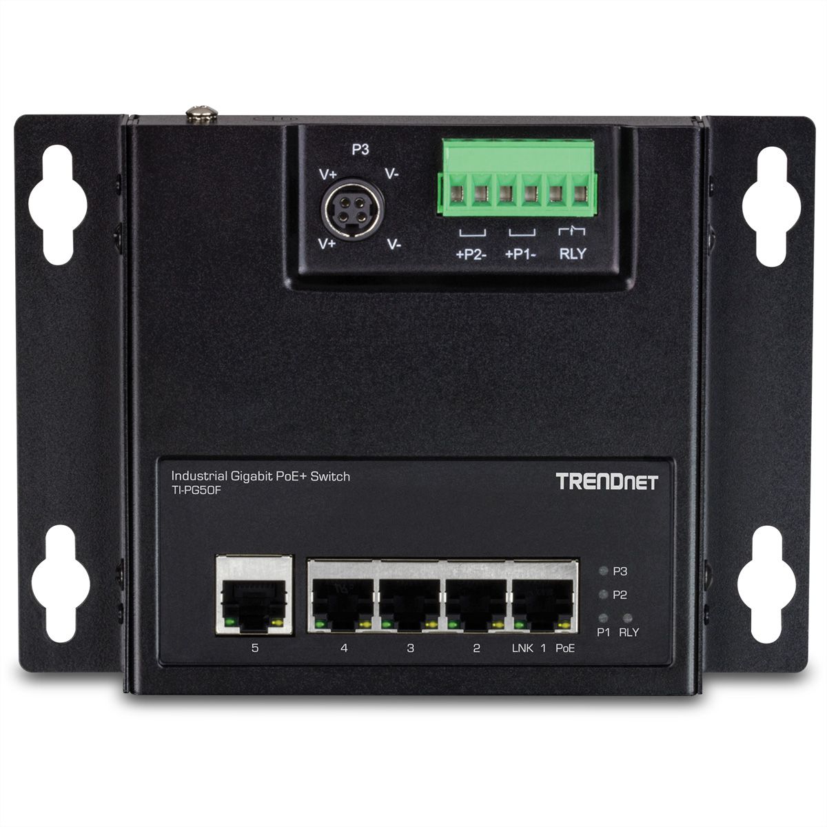 TRENDnet TI-PG50F 5-Port Industrial PoE+ Gigabit Front Access Switch, wandmontierbar