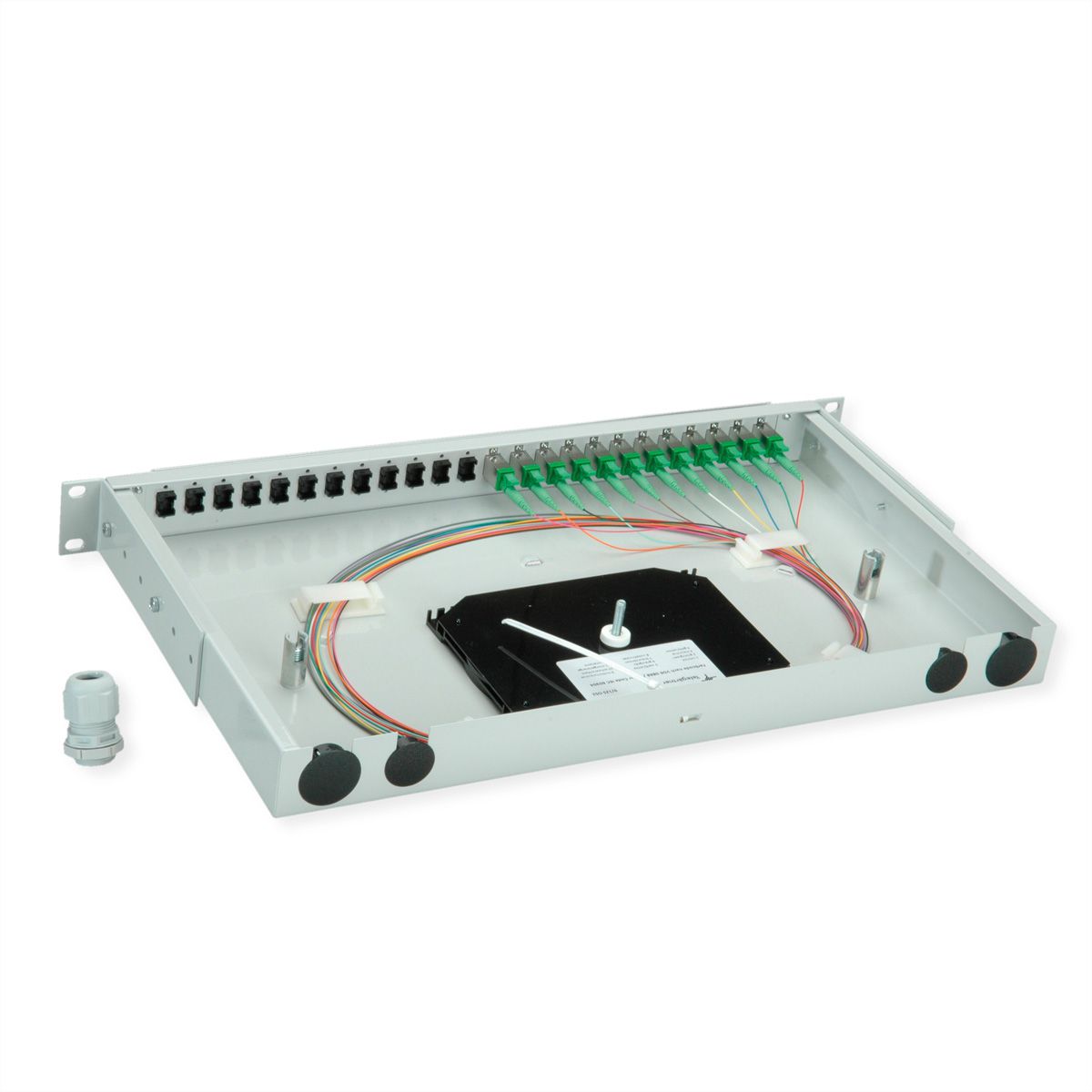 TELEGÄRTNER BASIS V LWL-Panel mit Kupplungen & Pigtails, 12x E2000, OS2 APC grün