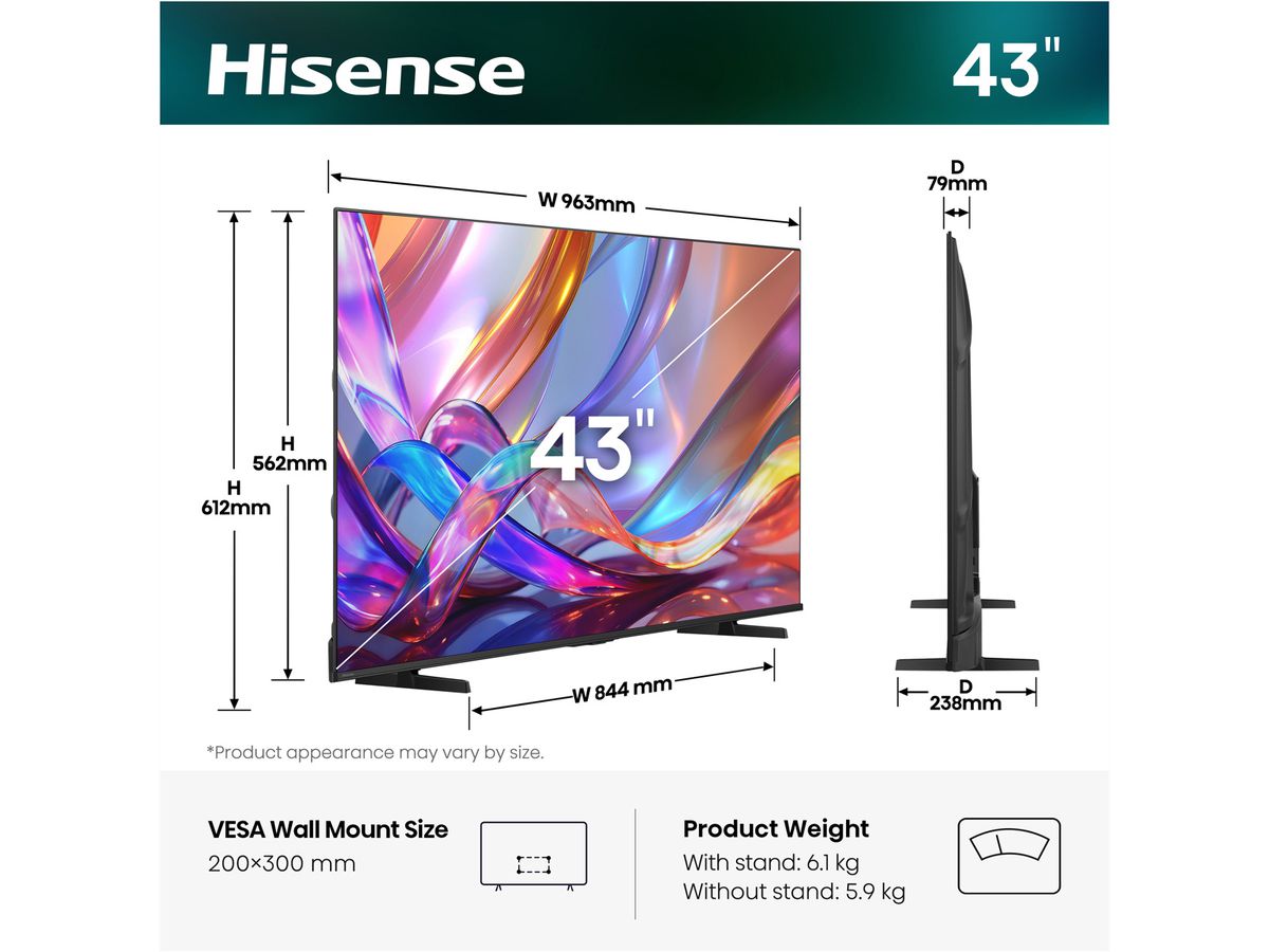 Hisense TV 43E7S 43", QLED 4K, 60Hz, 300 Nits