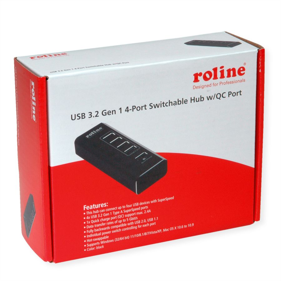 ROLINE USB 3.2 Gen 1 Notebook Hub 4fach + 1x Ladeport (QC), einzeln schaltbar