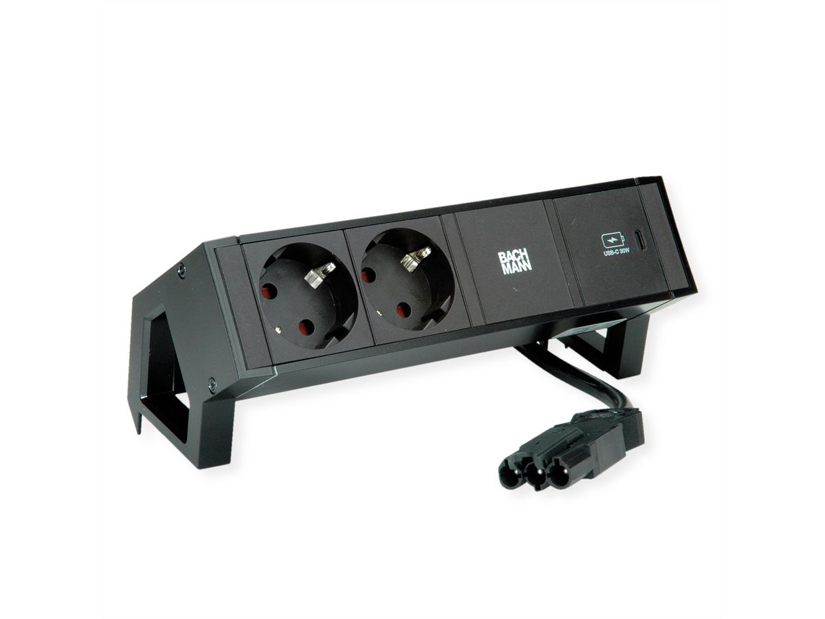 BACHMANN DESK2 2xSchutzkontakt USB C, USB Charger 30W 0,2m GST18 Schwarz