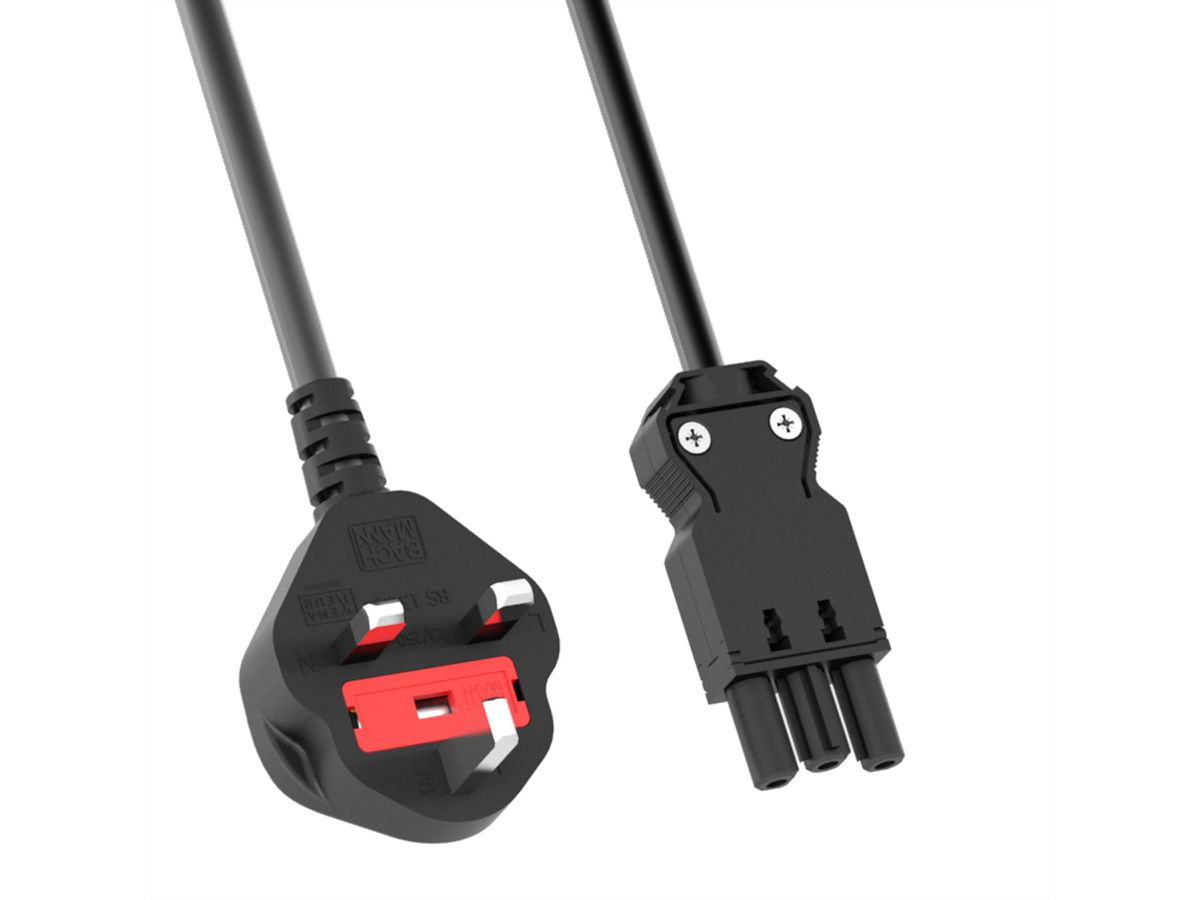 BACHMANN Zuleitung H05VV-F 3G1,5mm²  3m, Schwarz, UK-Stecker 13A Install.kupplung
