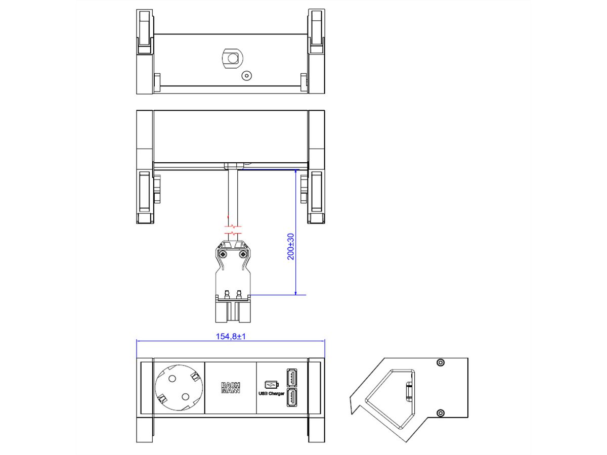 BACHMANN DESK2 ALU BLACK 1x Schutzkontakt 1x USB-Charger GST18