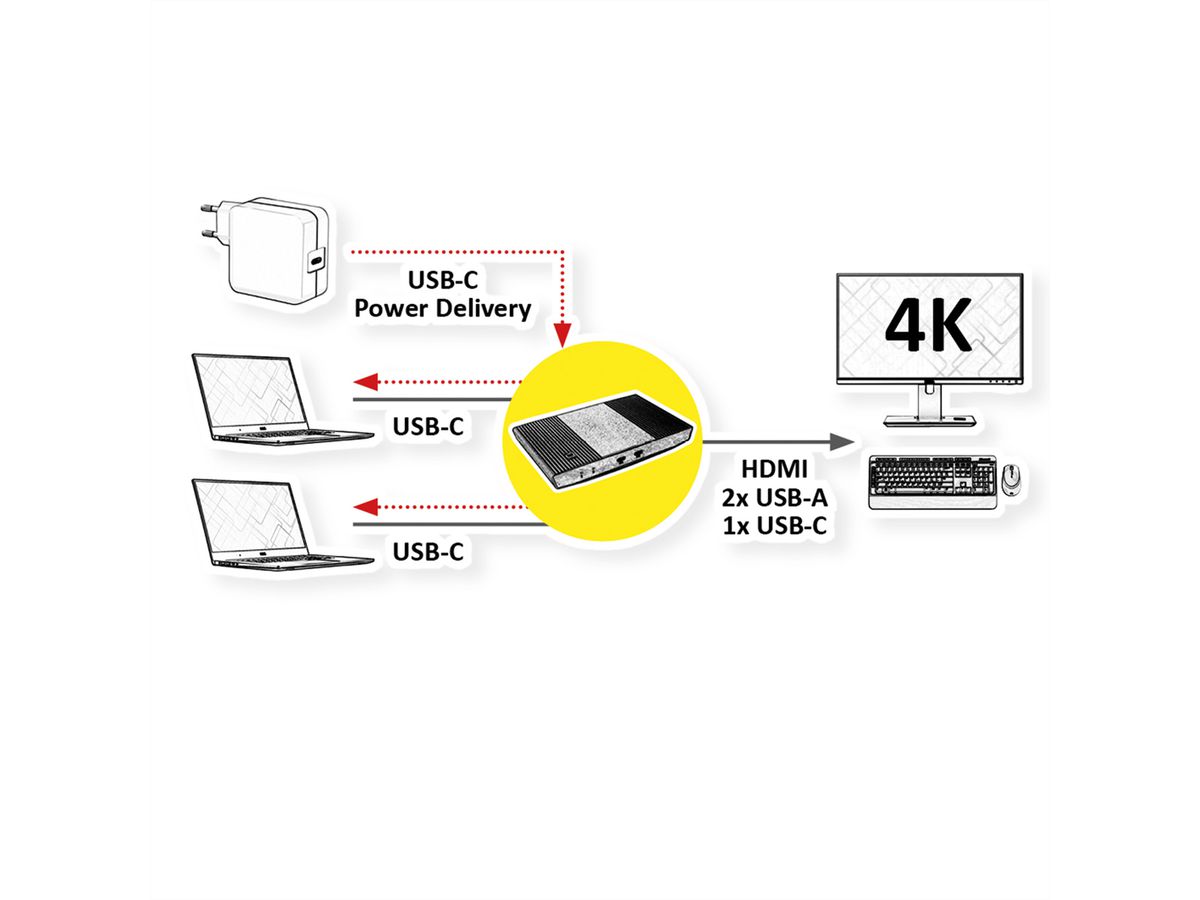 ROLINE KVM Switch, HDMI 4K, USB, 1 User - 2 Mobilgeräte