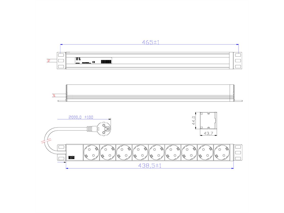 BACHMANN 19" Steckdosenleiste 9fach, ohne Schalter, Aluminium