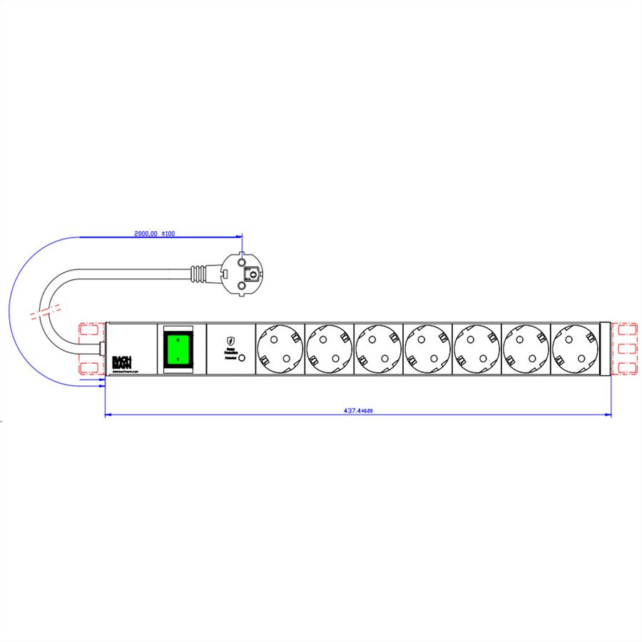 BACHMANN 19" 1HE 7xCEE7/3 1xSPD-Plus 1xSchalter 2,0m CEE7/7