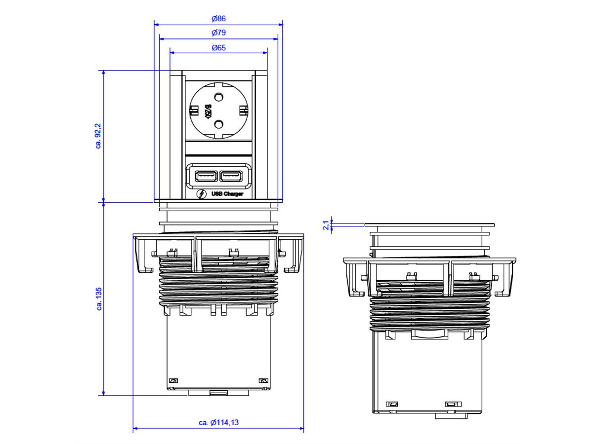 BACHMANN ELEVATOR 1xCEE7/3 USB Charger, Strom 2,0m CEE7/7