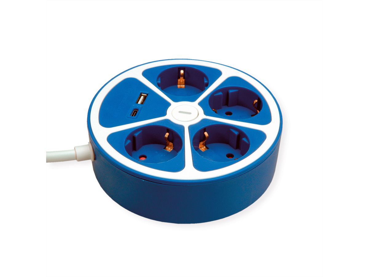 ROLINE 4-fach Steckdosenleiste mit Schalter, rund, USB-Charger A+C, blau, 1,5 m