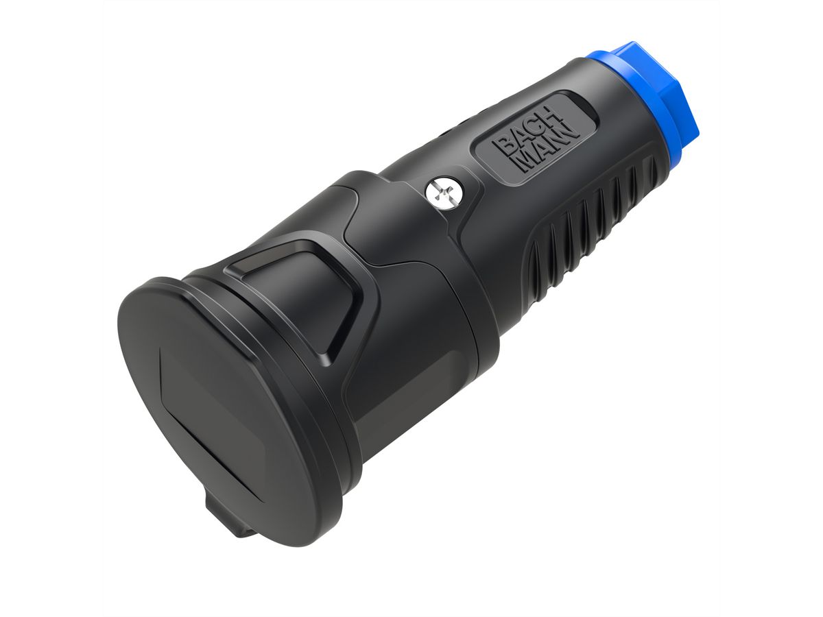 BACHMANN Schutzkontaktkupplung Vollgummi CEE7/3, Deckelband, IP54, schwarz / blau