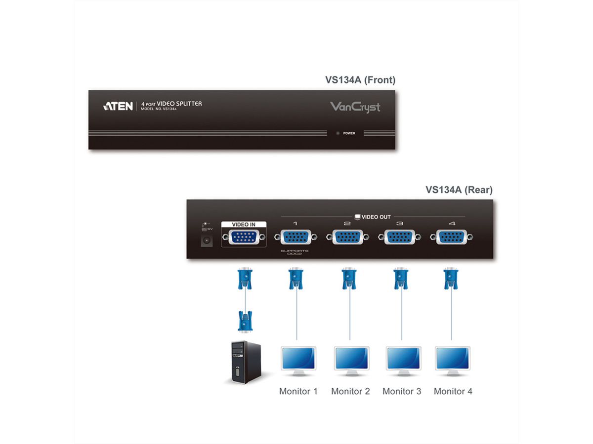 ATEN VS134A VGA Video-Splitter, 450MHz, 4fach