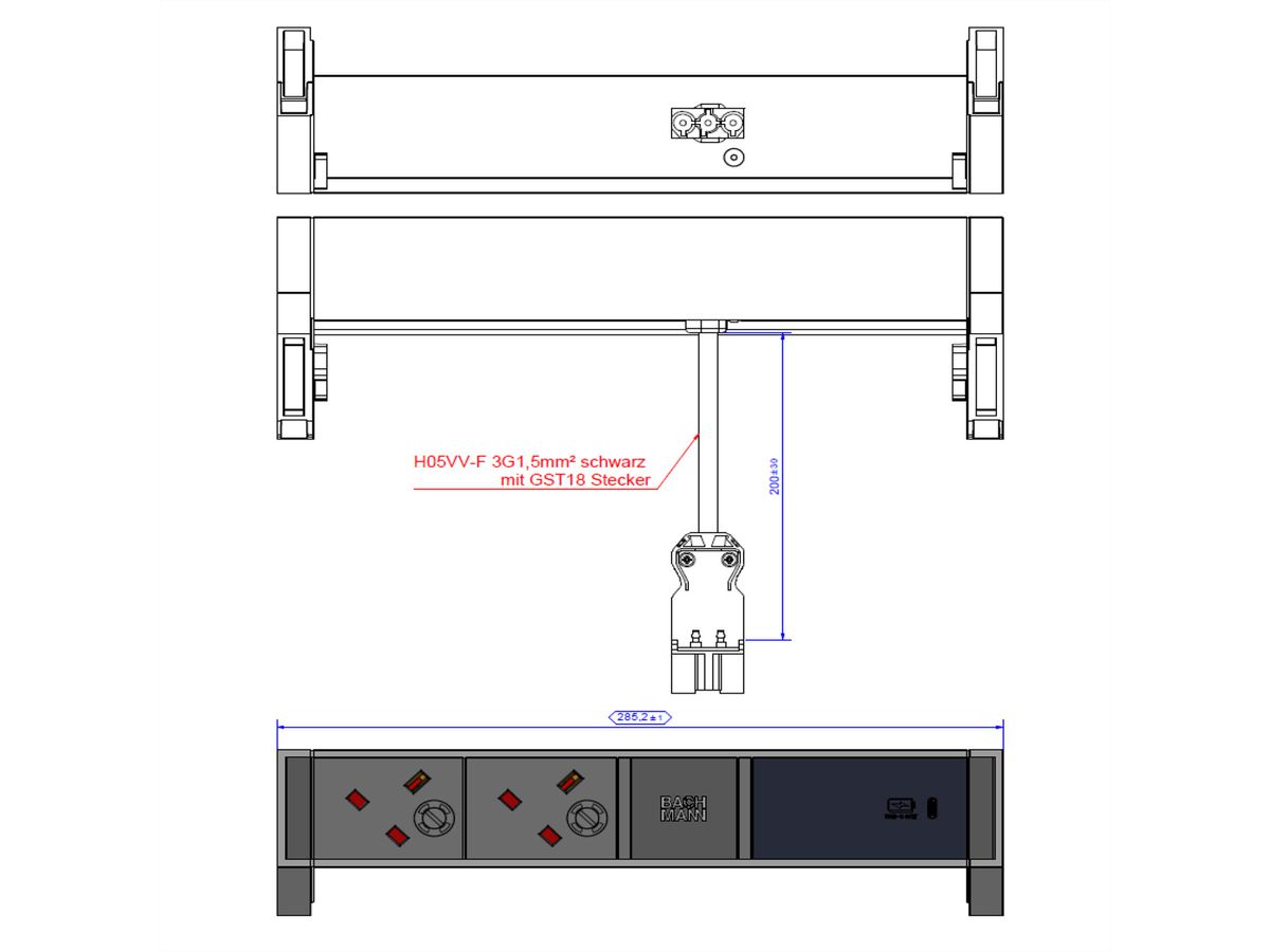 BACHMANN DESK2 2xUK 1xUSB C 60W 0,2m, 0,2m GST18 RAL9005 United Kingdom