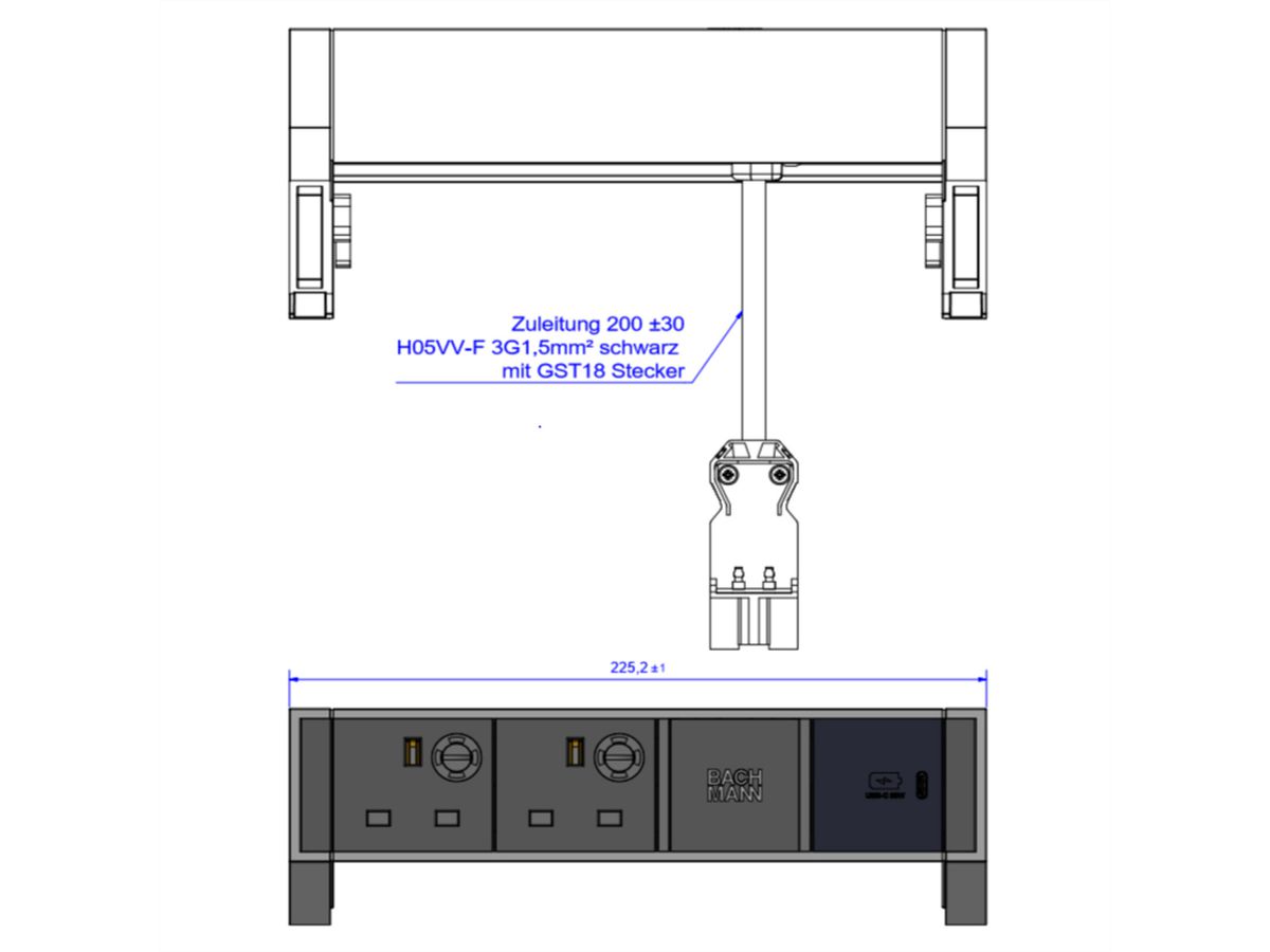BACHMANN DESK2 2xUK 1xUSB C 30W, 0,2m GST18 INOX United Kingdom