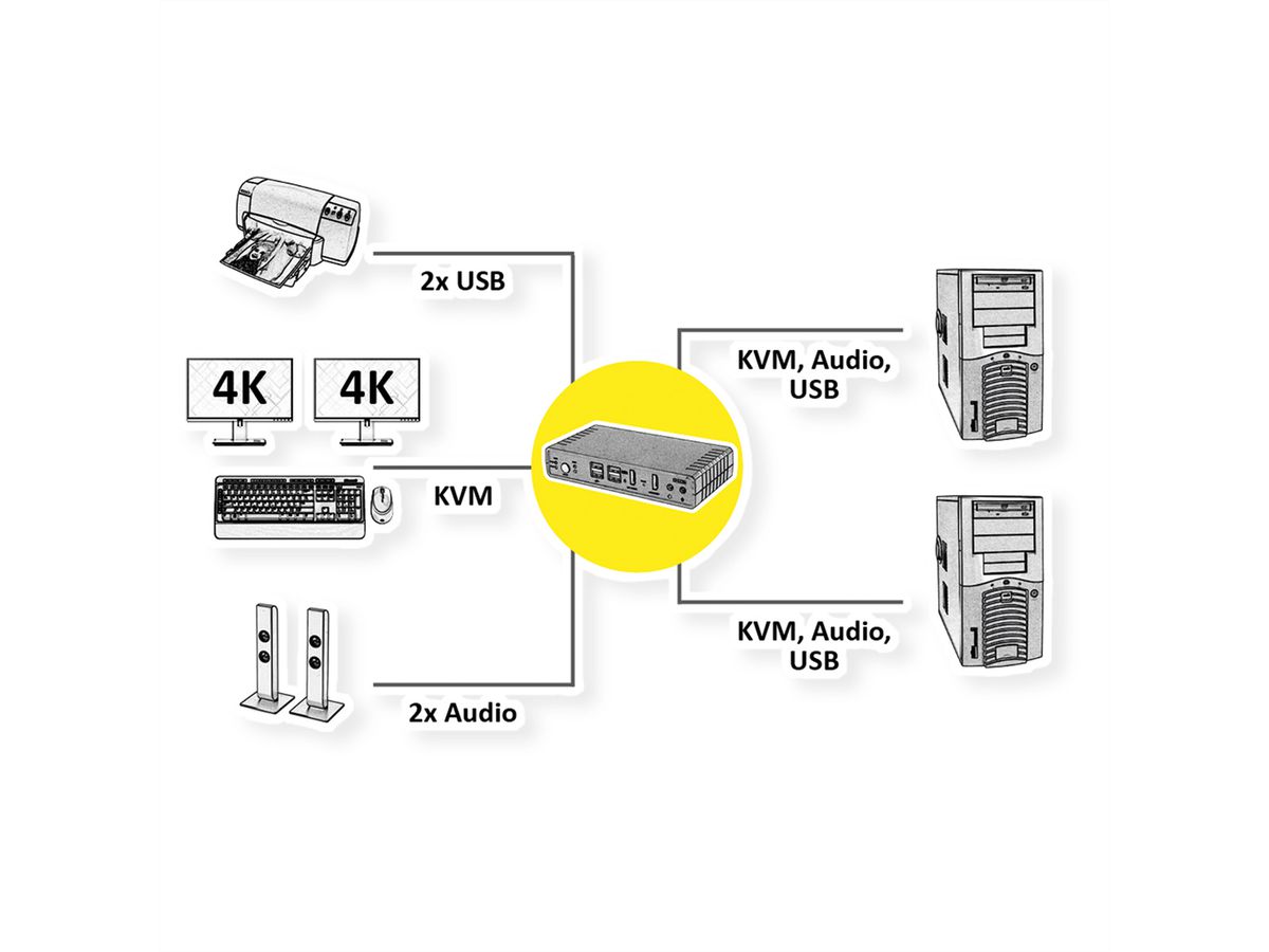 ROLINE KVM-Audio-Switch Dual Head HDMI 4K60, 1 User - 2 PC