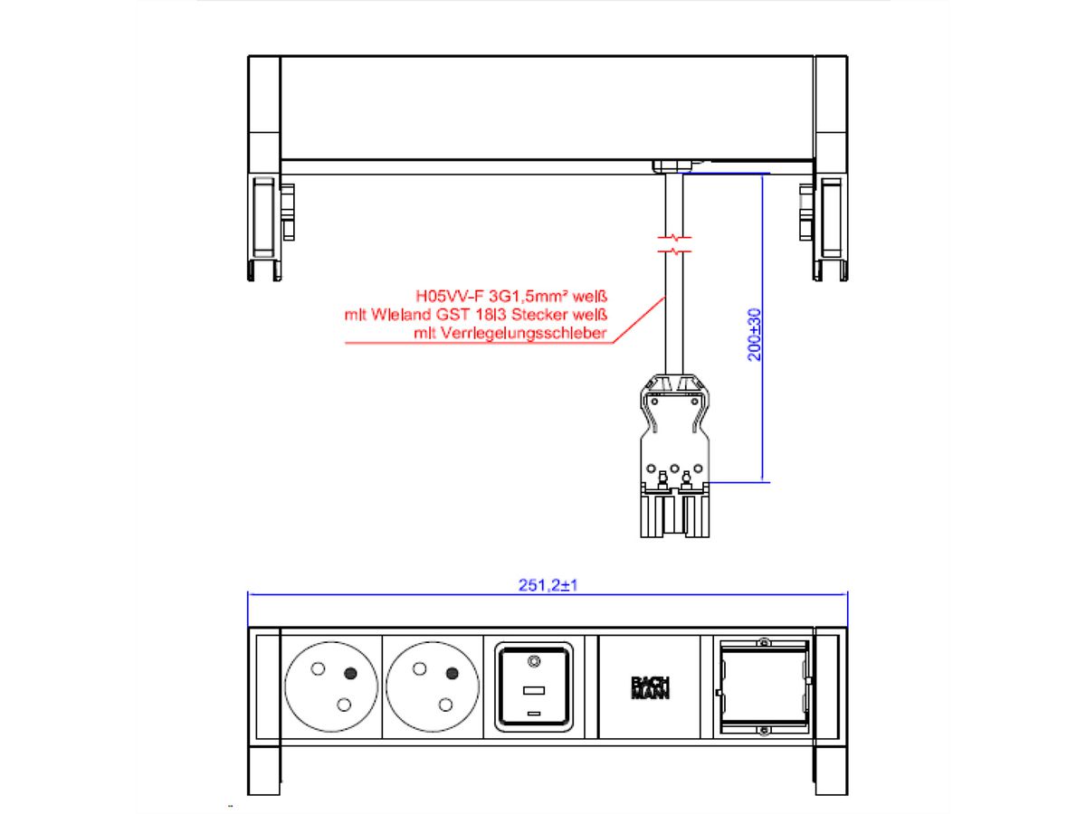 BACHMANN DESK2 white 2xUTE 1xSchalter 1xCM 0,2m GST18 RAL9010