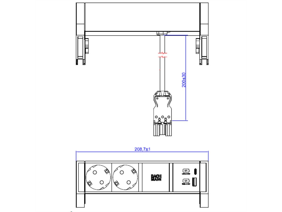 BACHMANN DESK2 ALU WHITE 2xCEE7/3 1xUSB A/C 22W 0,2m GST18