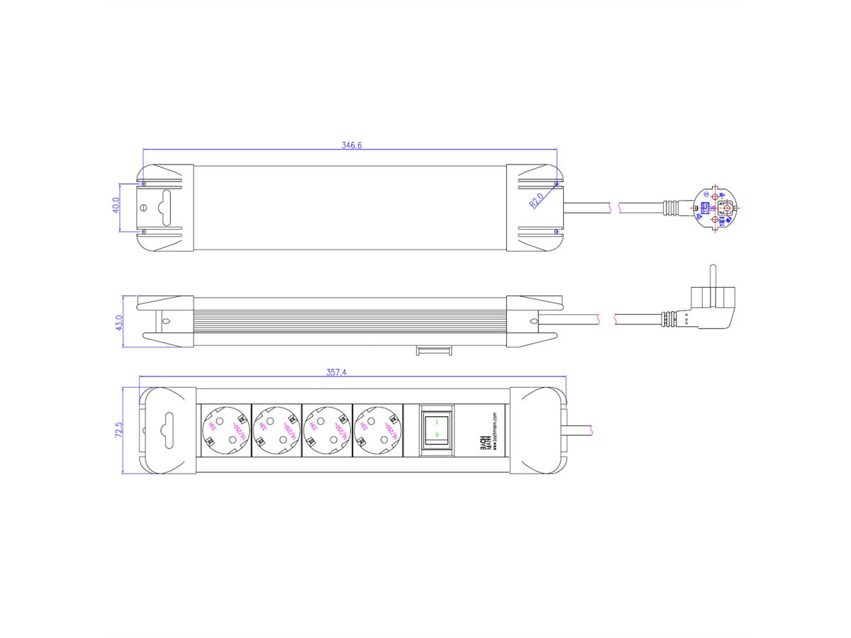 BACHMANN CONNECTUS Steckdosenleiste 4x Schutzkontakt, Kunststoff, mit Schalter, 2 m