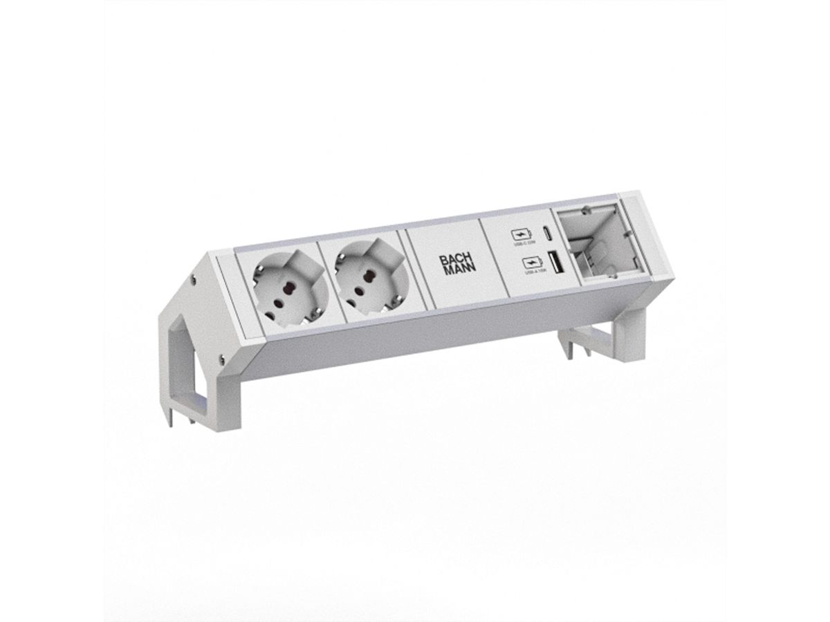 BACHMANN DESK2 ALU WHITE 2xP40 1xCM 1xUSB A/C 22W 0,2m GST18, ws