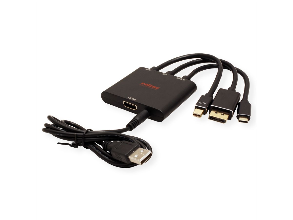 ROLINE Adapterkabel Mini DisplayPort / DisplayPort / Typ C - HDMI, Aktiv, 0,15 m