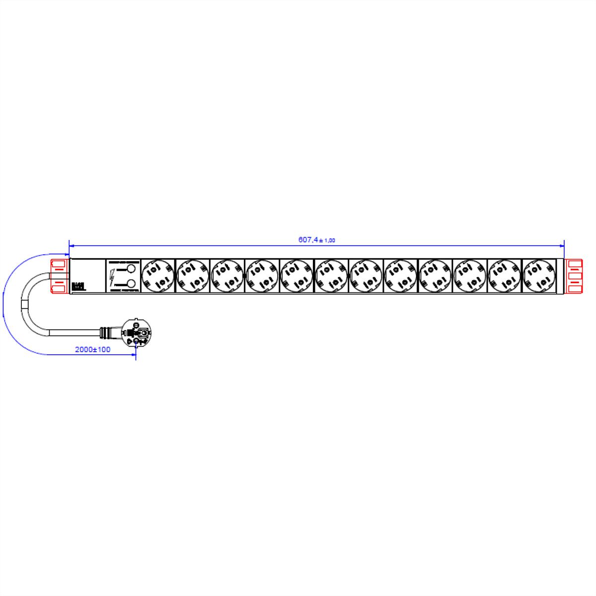 BACHMANN IT PDU ALU 1HE 12x Schutzkontakt, ÜSS, Zuleitung mit Schutzkontaktstecker