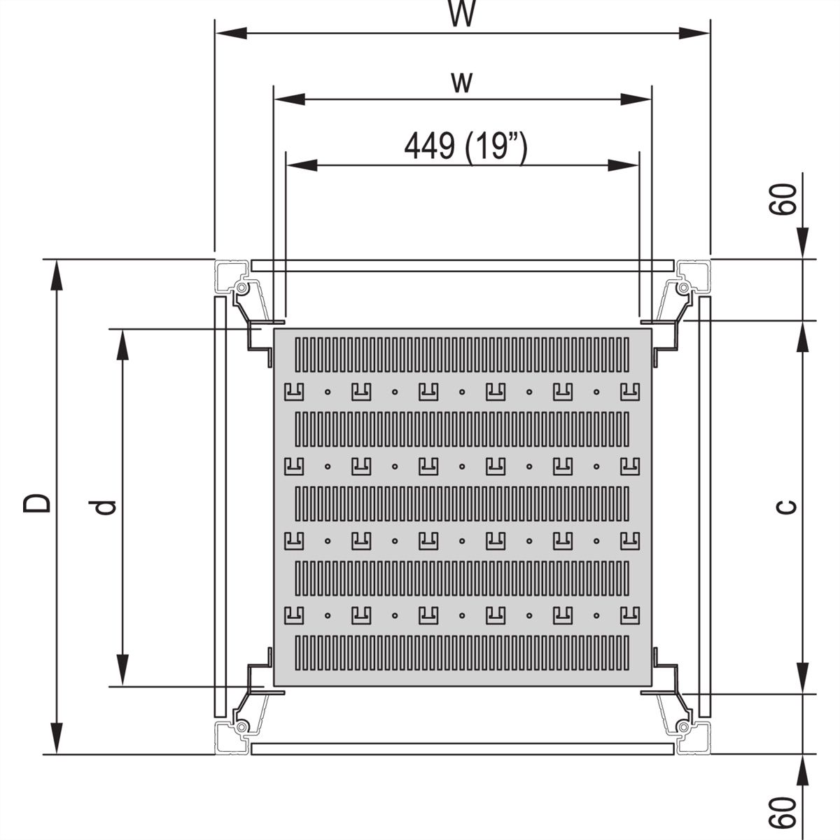 SCHROFF 19"-Fachboden, stationär, 75 kg - 19"FACHB.STAT.600B 900T 7021