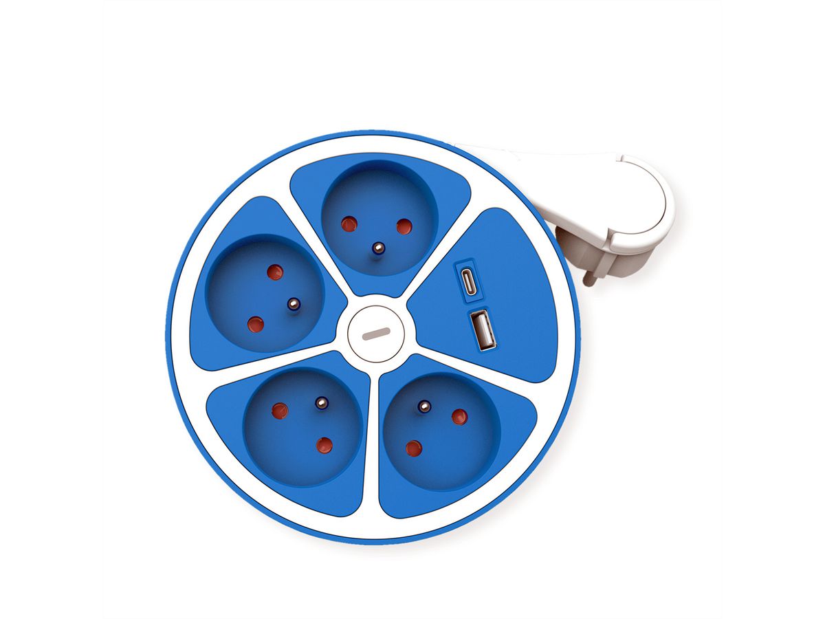 ROLINE 4-fach Steckdosenleiste mit Schalter, rund, UTE Version, USB-Charger A+C, blau, 3 m