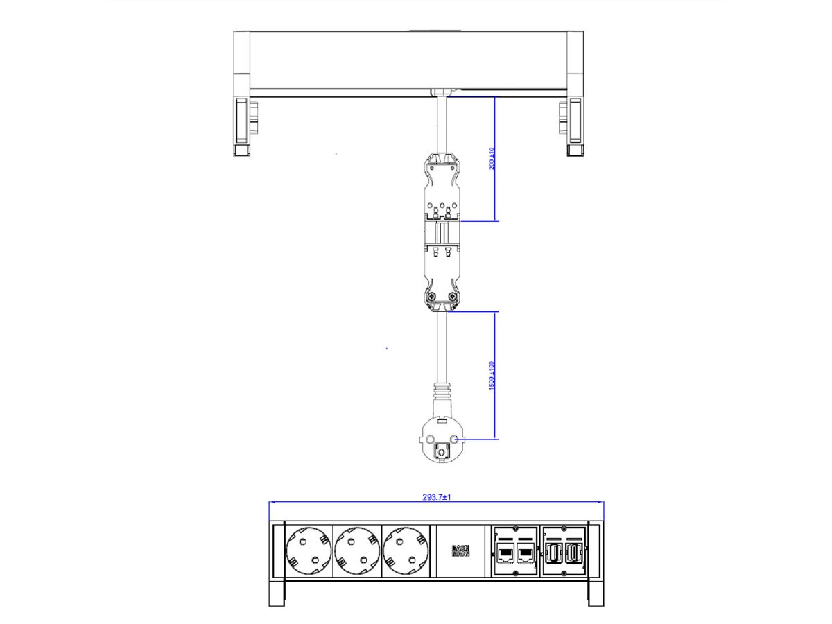 BACHMANN DESK2 3x Schutzkontakt, 2x CAT6, 1x HDMI, 1x USB 3.0, Zuleitung GST18 0,2m, INOX