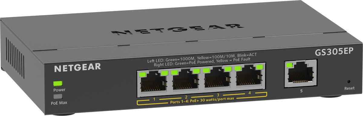 NETGEAR GS305EP Switch 5 Port Gigabit Ethernet LAN PoE Switch Plus (mit 4x PoE+ 63W, Managed Netzwerk Switch mit IGMP Snooping, QoS, VLAN, lüfterloses Metallgehäuse)