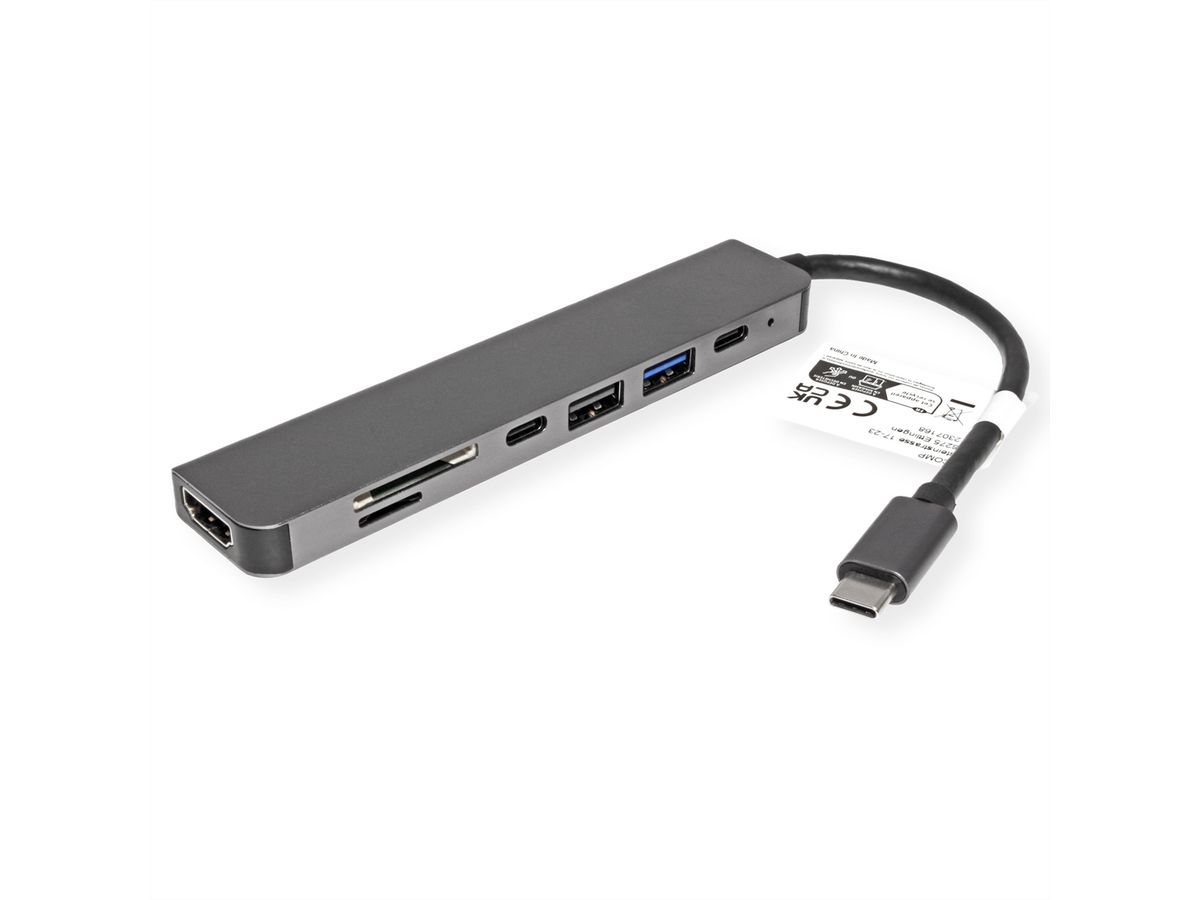 VALUE USB Typ C Dockingstation, HDMI 4K60, 2x USB2.0 (A+C) + 1x USB3.2 Gen1 (A), 1x PD, 1x SD/TF