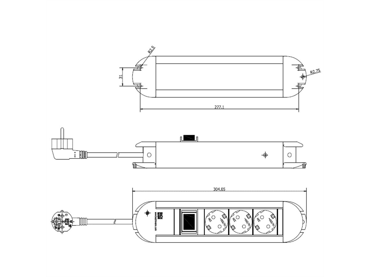 BACHMANN PRIMO Steckdosenleiste 3x Schutzkontakt, Aluminium, mit Schalter, 1,75 m