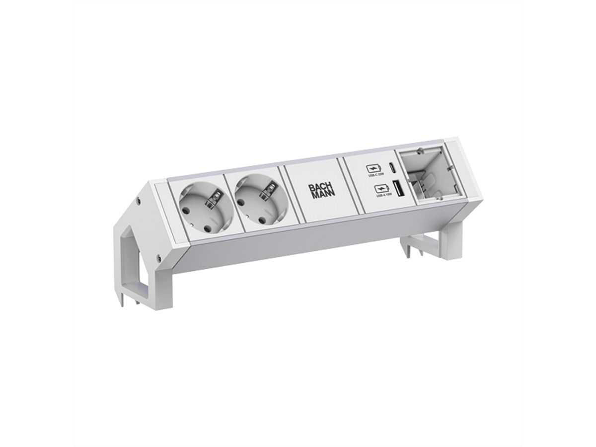 BACHMANN DESK2 ALU WHITE 2xCEE7/3 1xCM 1xUSB A/C 22W 0,2m GST18