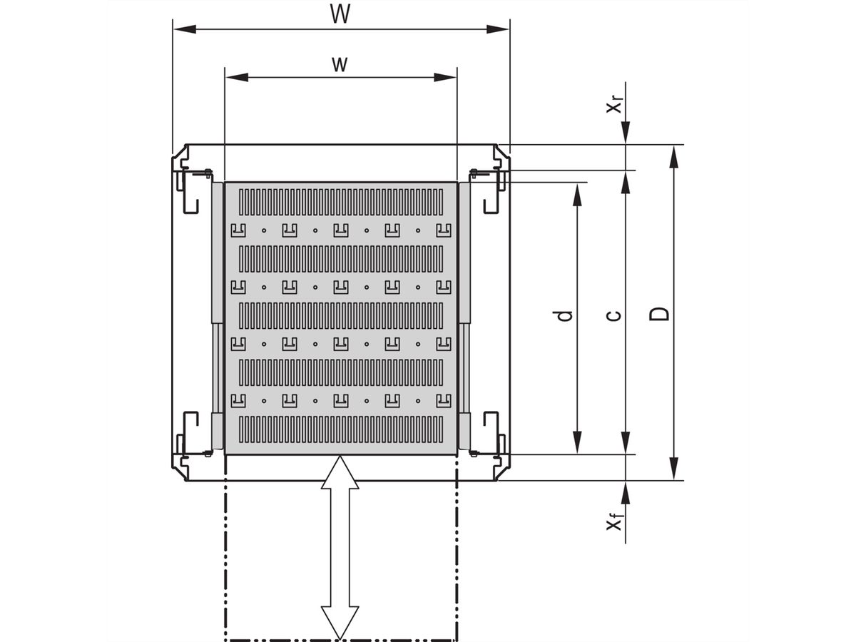 SCHROFF 19" Fachboden, ausziehbar, für Varistar, Novastar, Eurorack, 70 kg, RAL 7021, 553 B 1000 T
