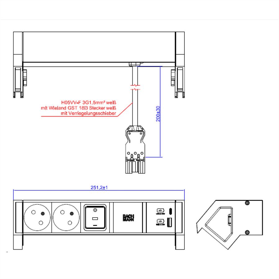 BACHMANN DESK2 white 2xUTE 1xSchalter 1xUSB A/C 22W 0,2m GST18