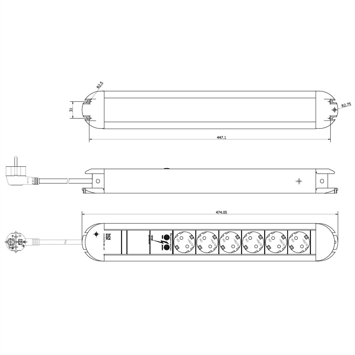 BACHMANN PRIMO 6xCEE7/3 1xSPD Strom 2,0m CEE7/7