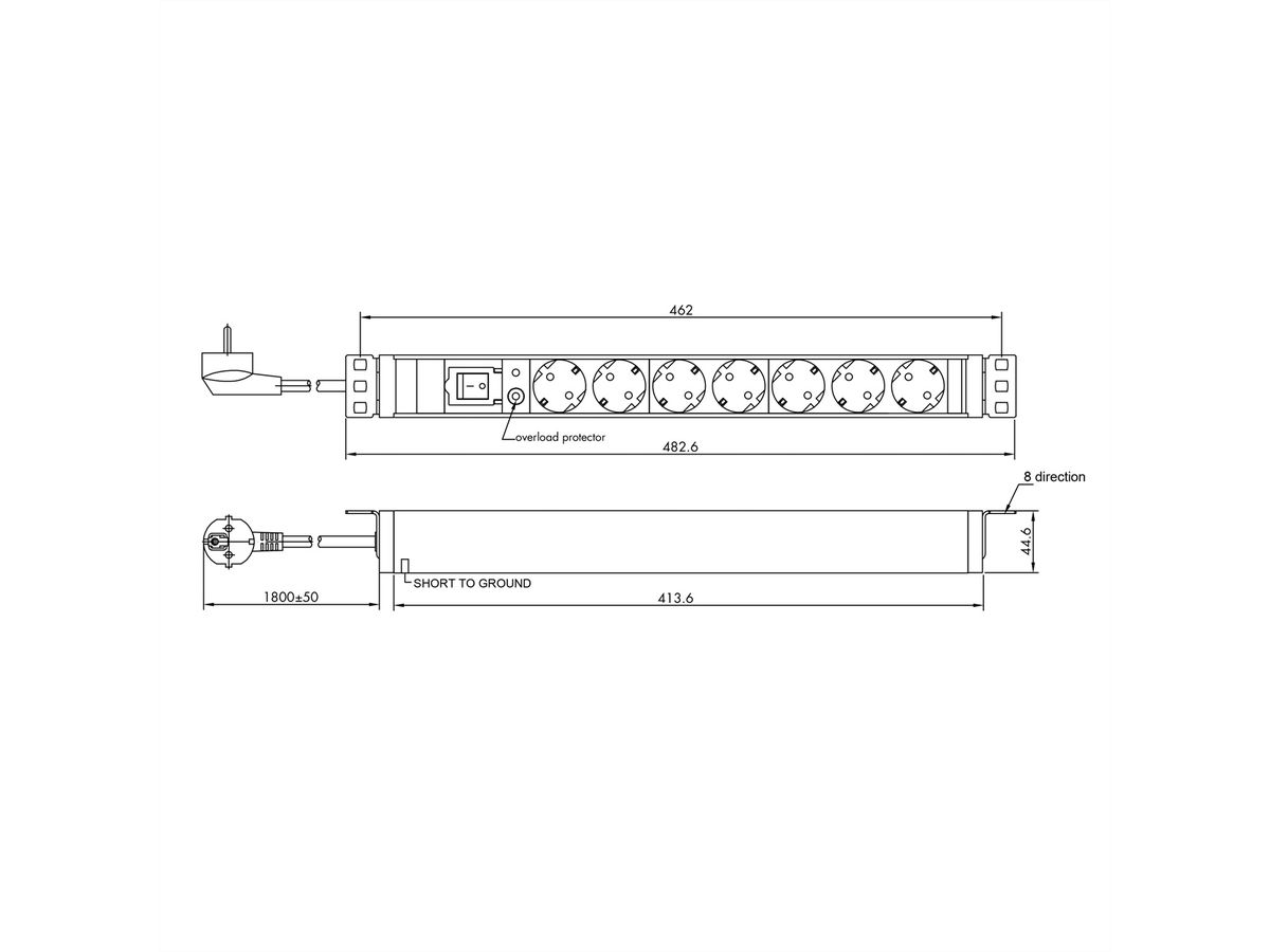 VALUE 19"-Steckdosenleiste 7fach mit Überlastschutz, 1 HE, Schutzkontakt-Stecker, 1,8 m