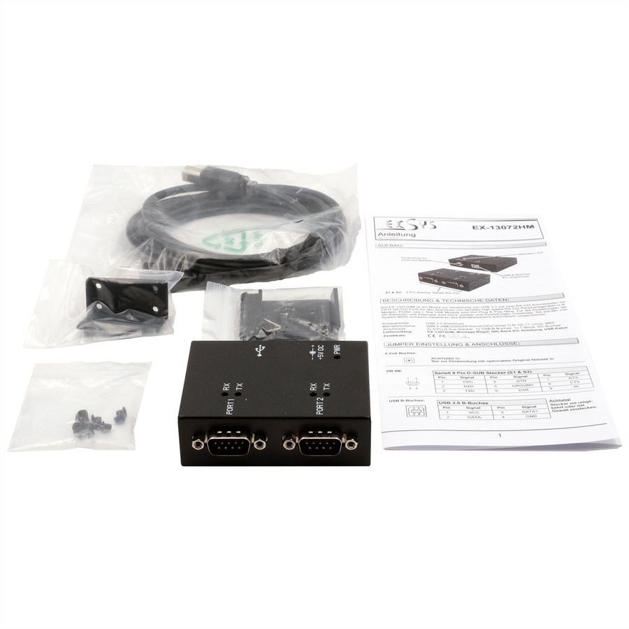 EXSYS EX-13072HM USB 2.0 zu 2 x Seriell RS-232 Ports Metallgehäuse FTDI Chip-Set