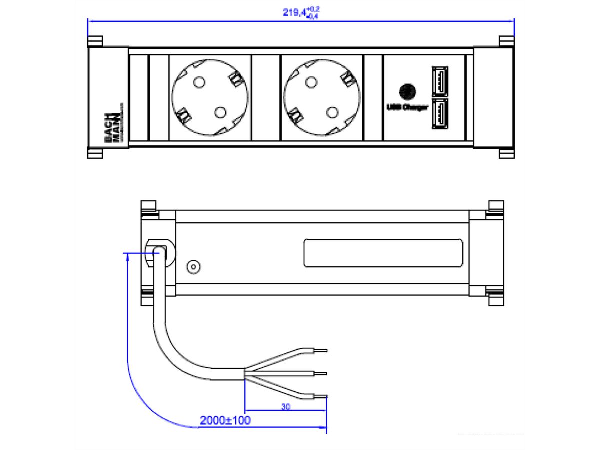 BACHMANN POWER FRAME 2xCEE7/3 USB Chargr, Strom 2,0m AEH
