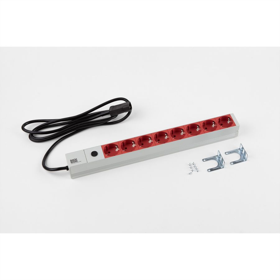BACHMANN 19" Steckdosenleiste 8-fach, 2300W, IEC320 C14 Stecker, Zugangskabel lang, 8 m