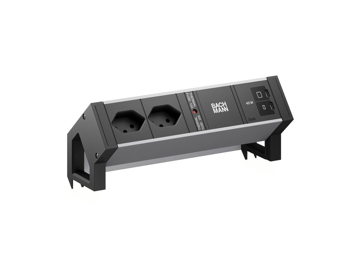 BACHMANN DESK2 ALU BLACK 2xCH 90°, 1xUSB C/C45W L=0,2m