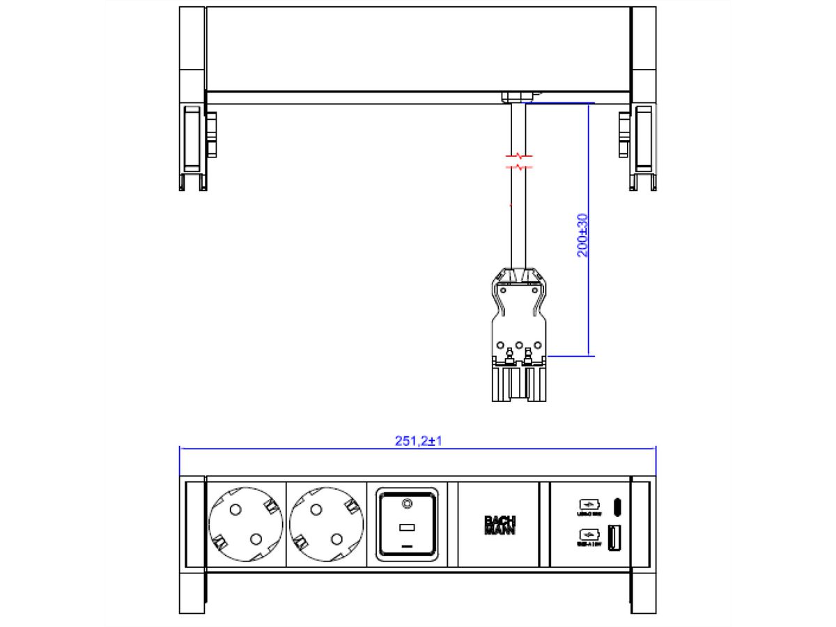 BACHMANN DESK2 ALU WHITE 2xCEE7/3 1xSchalter 1xUSB A/C 22W 0,2m