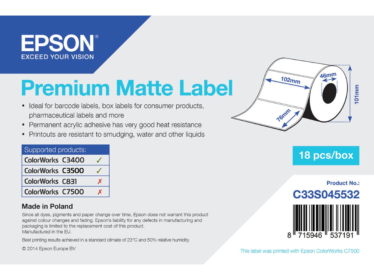 Epson Premium Matte Label - Die-cut Roll: 102mm x 76mm, 440 labels