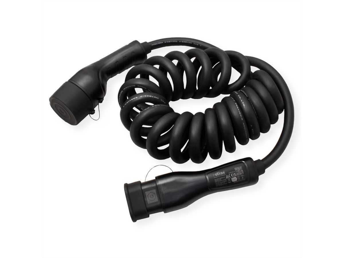 ROLINE E-Auto Ladekabel Typ2, 3-phasig, 480VAC (3P+N+E), 16 A, 11 kW, Spiralkabel, 5 m