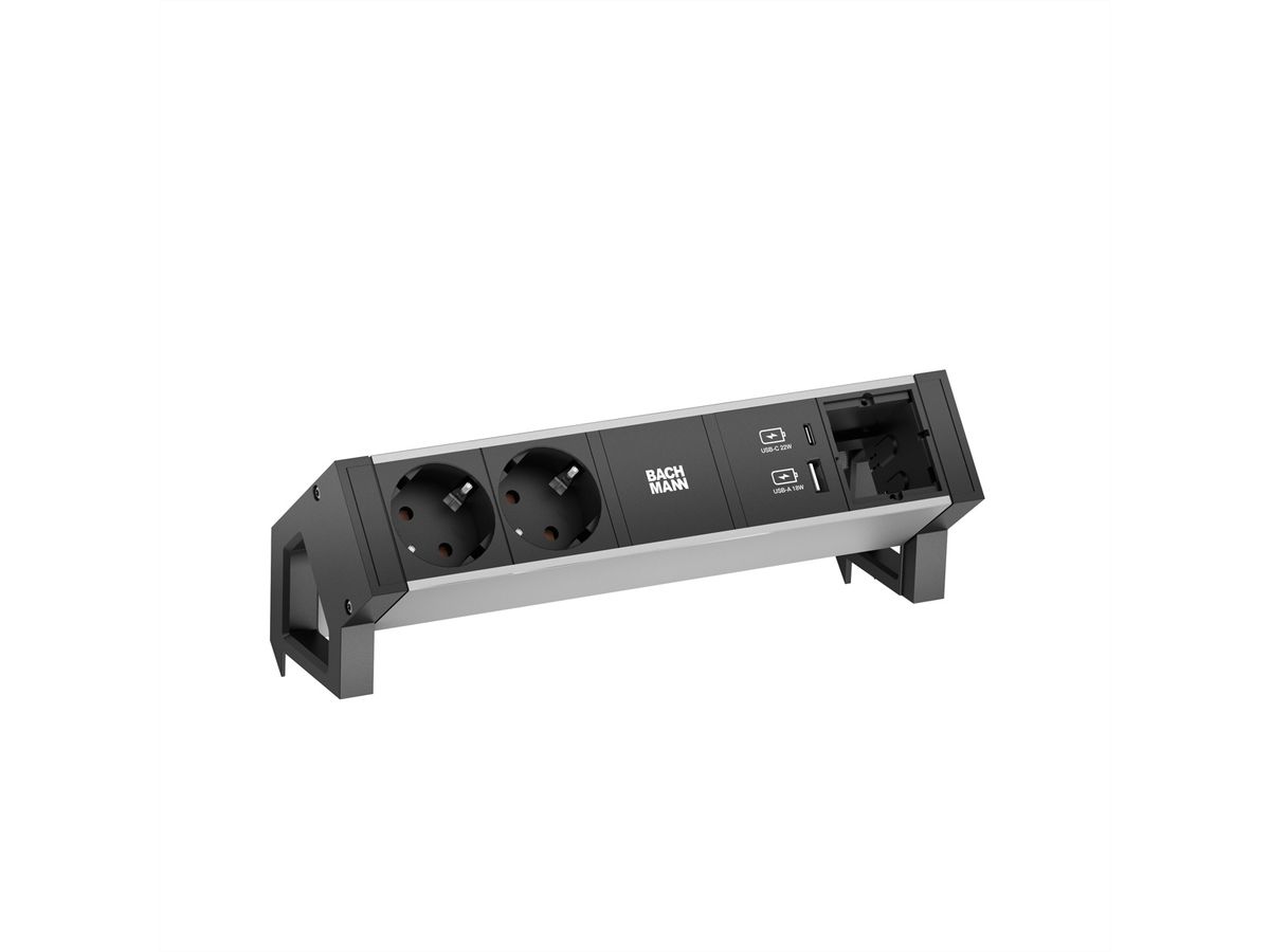 BACHMANN DESK2 ALU BLACK 2xSchutzkt.USB, USB Charger 22W A&C 1xABD 0,2m GST18