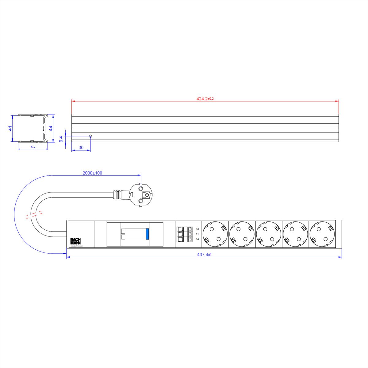 BACHMANN 19" 1HE 5xCEE7/3 1xSPD Citel, 2,0m H05VV-F 3G1,50mm schwarz