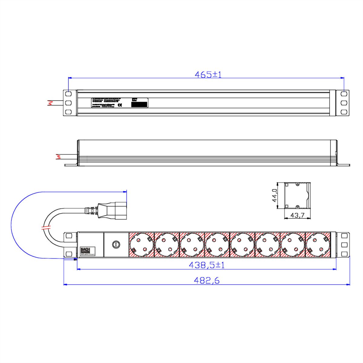 BACHMANN 19" Steckdosenleiste 8-fach 2300W, IEC320 C14 Stecker, schwarz