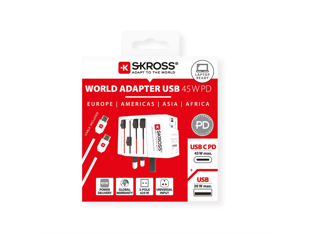 Skross MUV USB A/C 45PD Reiseadapter mit USB-C Kabel, Weltweit