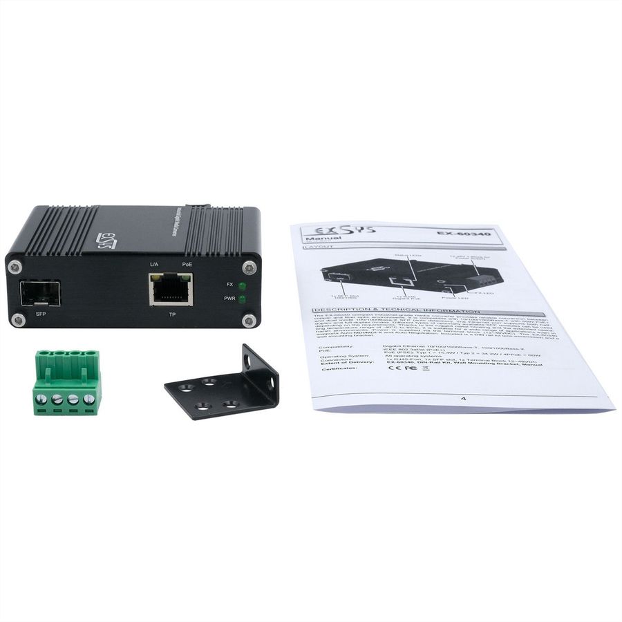 EXSYS EX-60340 PoE+ Industrial Media Konverter 60W, SFP