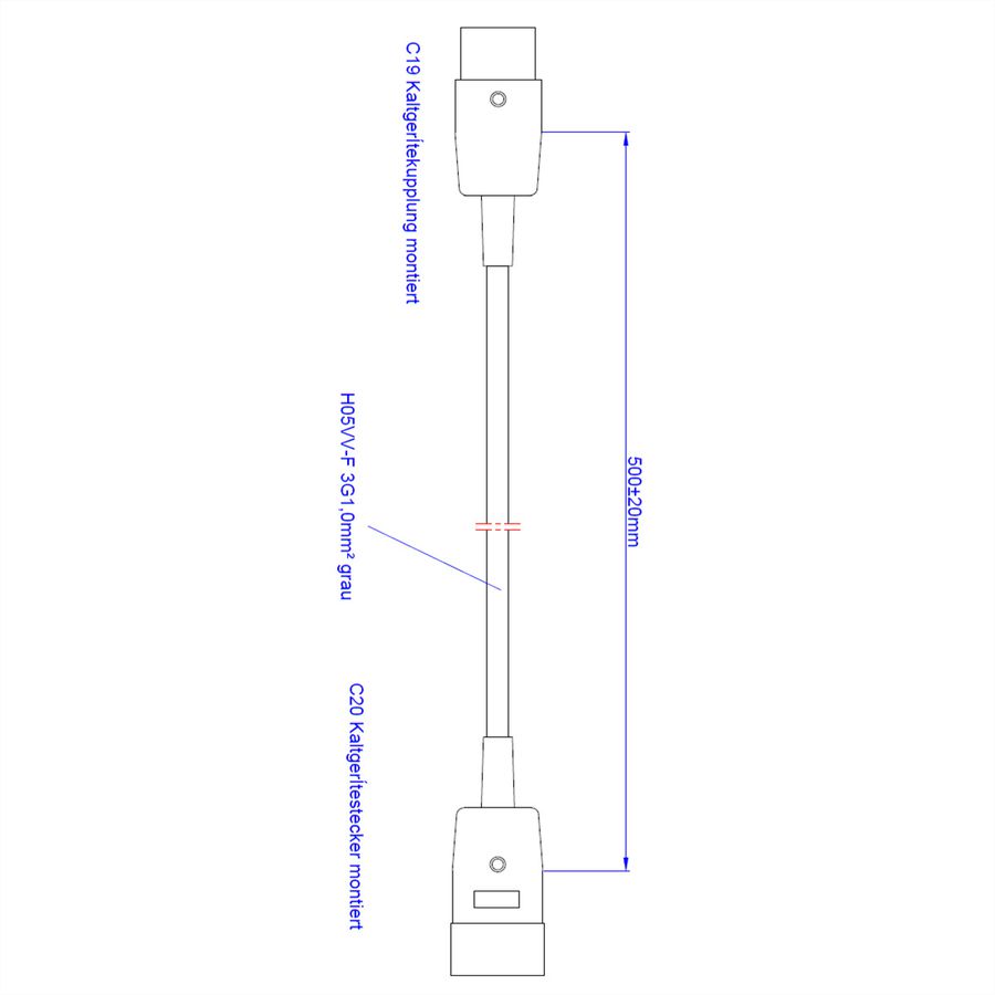 BACHMANN Verlängerung H05VV-F3G1,5,grau, C20-Kaltgeräte-Stecker C19-Kaltgerätesteckdose 0,5m