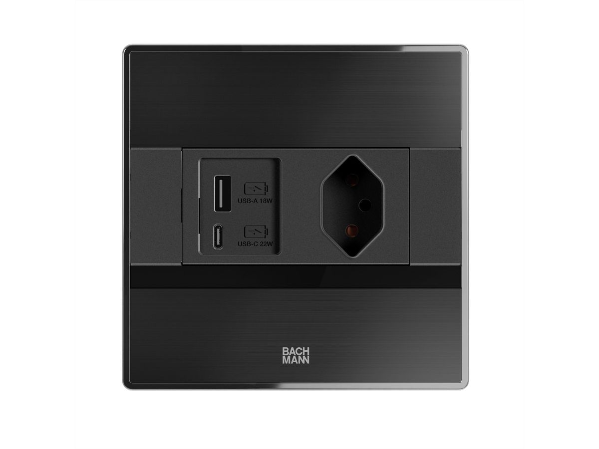 BACHMANN SENSE schwarz 1x CH T13, 1xUSB A/C L=2,0m T12